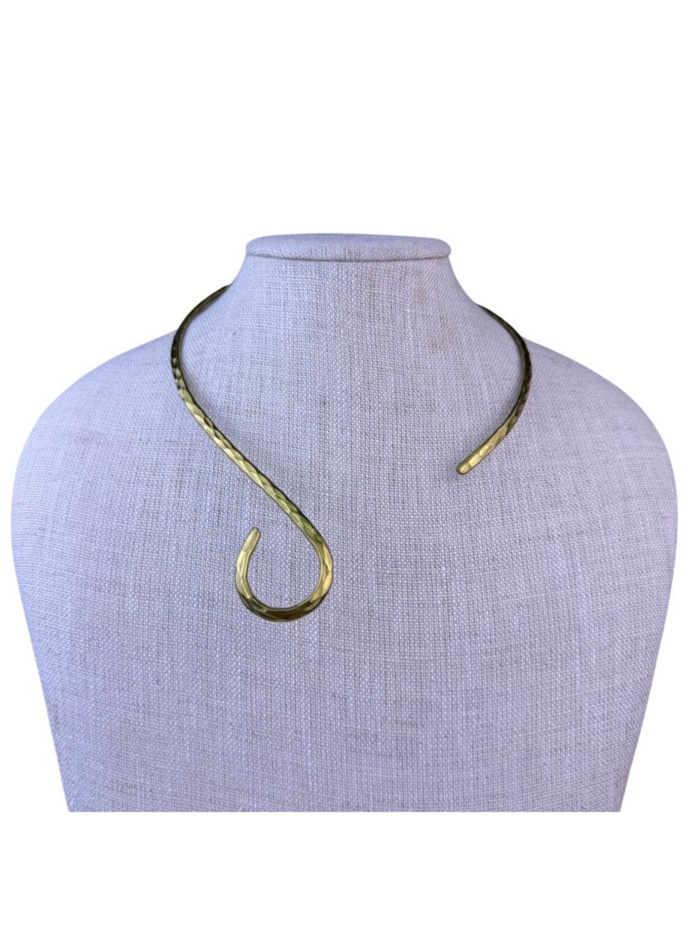 Hammered Metal Unisex Gold Tone Choker Necklace Modernist Hook Closure Handmade